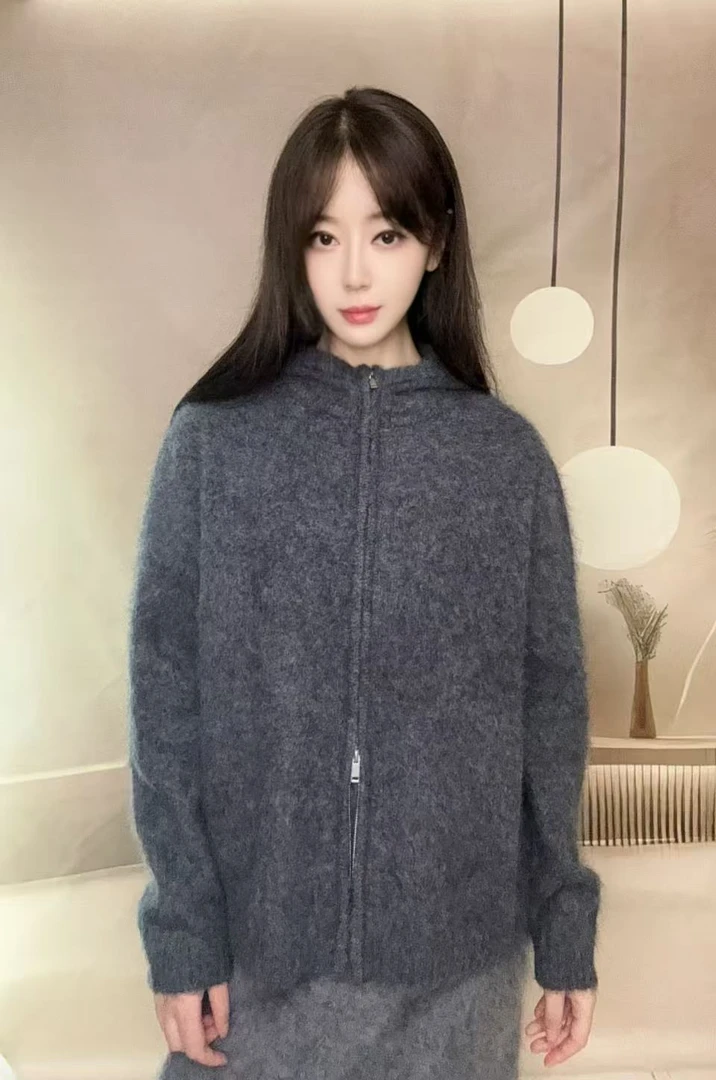 ~【叁喜】~休闲水洗山羊绒拉绒针织双拉链女毛衣网红帽衫连帽514H12
