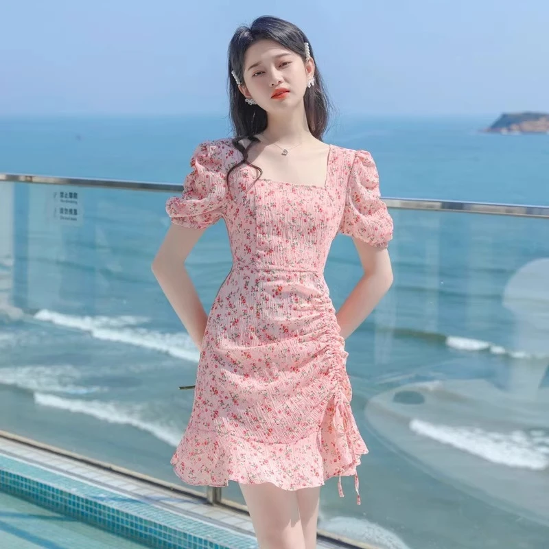 法式粉色碎花连衣裙女夏装大码胖mm气质减龄显瘦超仙雪纺A字裙子