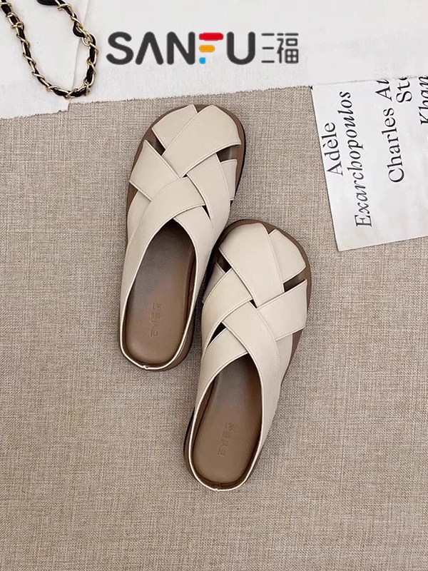 梦孜百丽包头拖鞋女夏外穿2025年新款百搭编织罗马凉拖平底半拖鞋