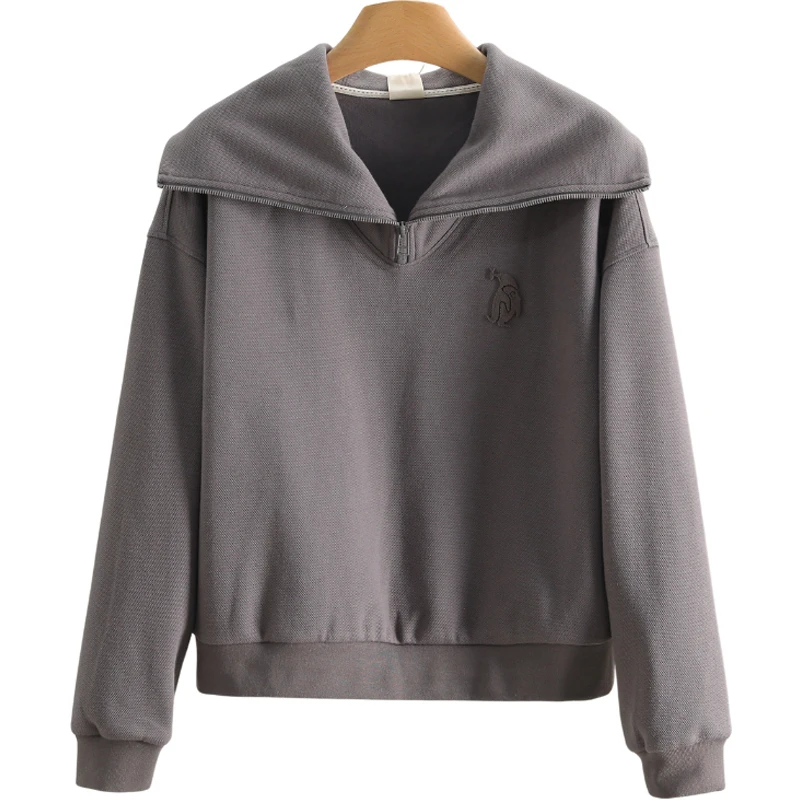 【伍莎-自营】大翻领拉链宽松纯色休闲卫衣#ACE48V001