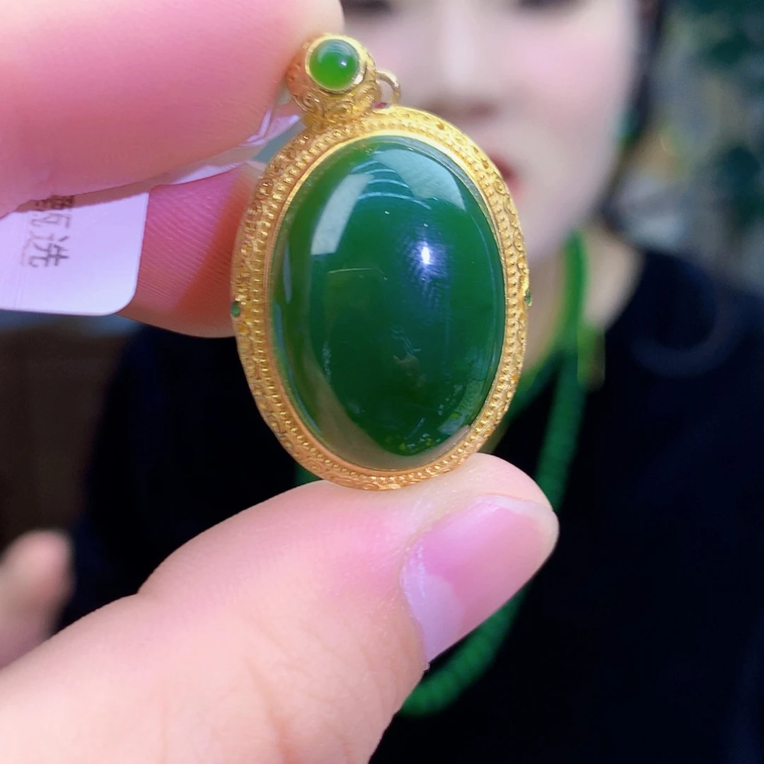 吊坠(不含链)银S925镶嵌和田玉（碧玉）吊坠