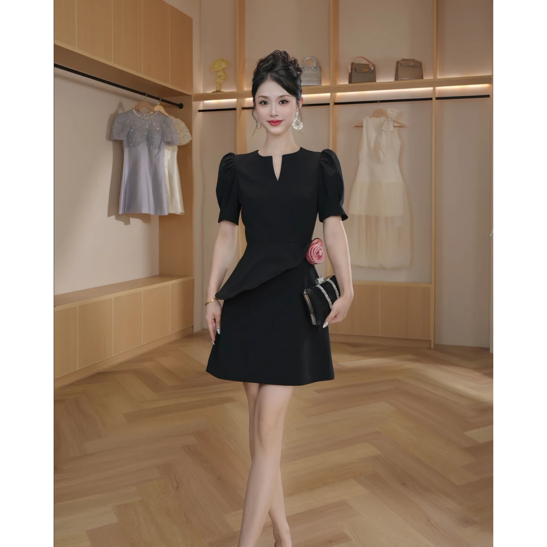 【设计师定制】新款优雅时尚收腰A字裙显高小个子连衣裙15369