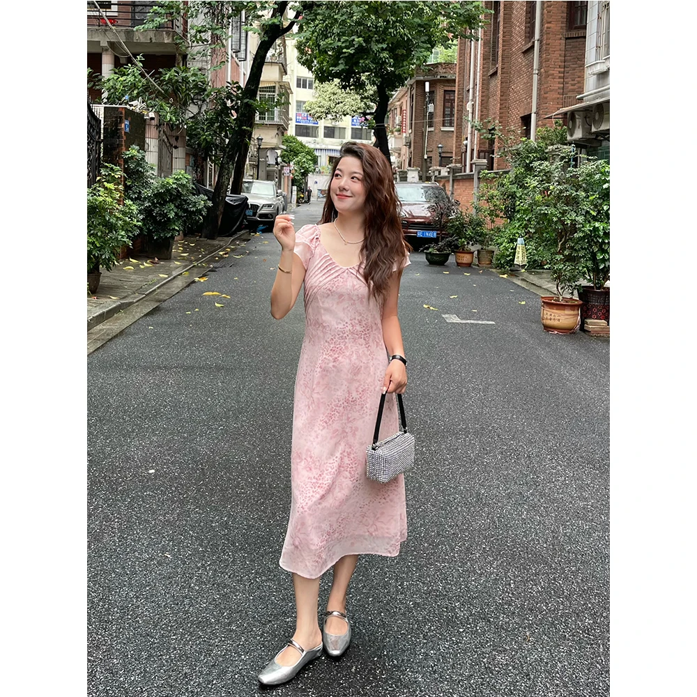 WenWen小个子2025夏韩系花边印花小飞袖设计显瘦百搭连衣裙4076