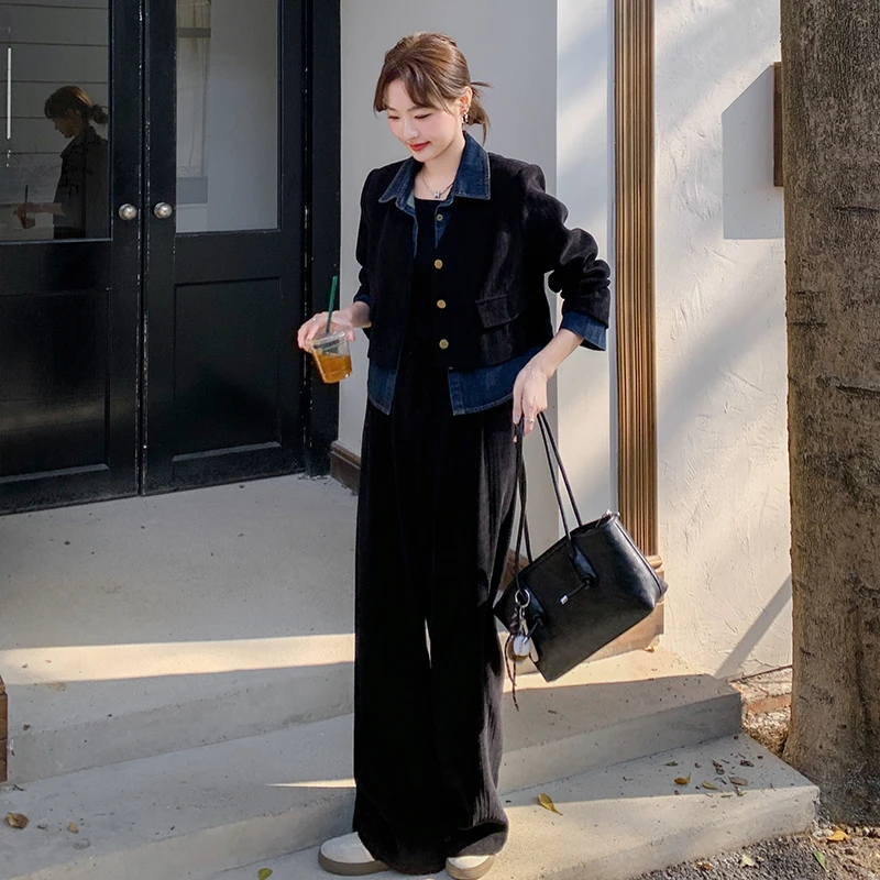 显瘦拼接灯芯绒外套减龄裤套装女2025气质新款秋季爆款超火两件套