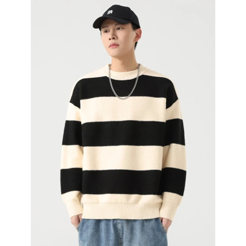 经典条纹男生毛衣宽松青少年针织衫线衣潮牌秋冬装加厚圆领百搭衫