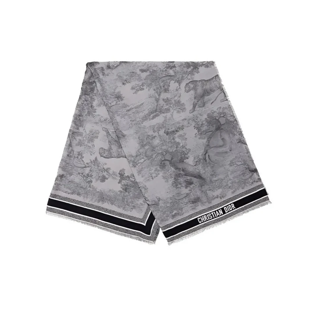 未使用 DIOR/迪奥 动物园  蓝色羊毛印花披肩