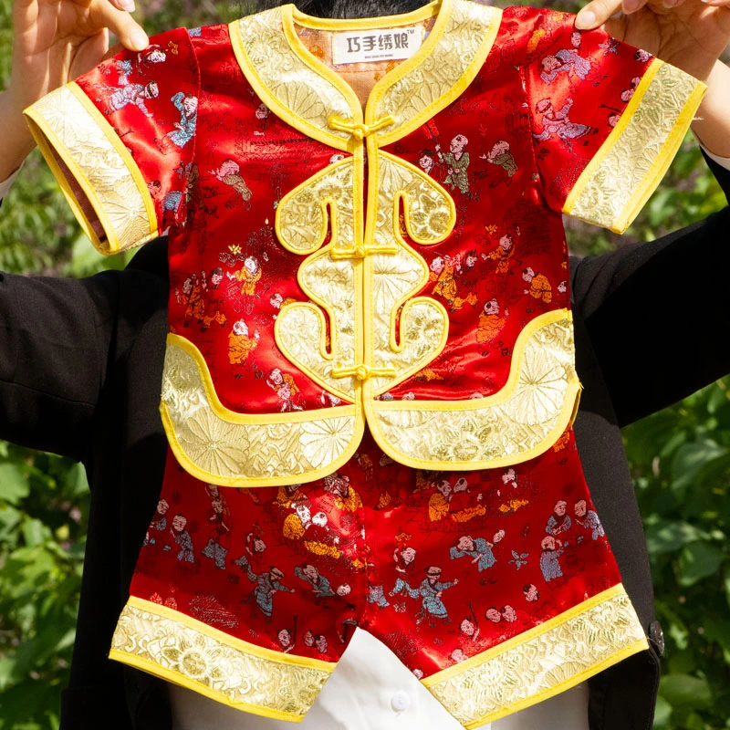 手工男宝纯色薄款唐装百天生日通用碎花抓周服夏季喜庆满月宝宝服