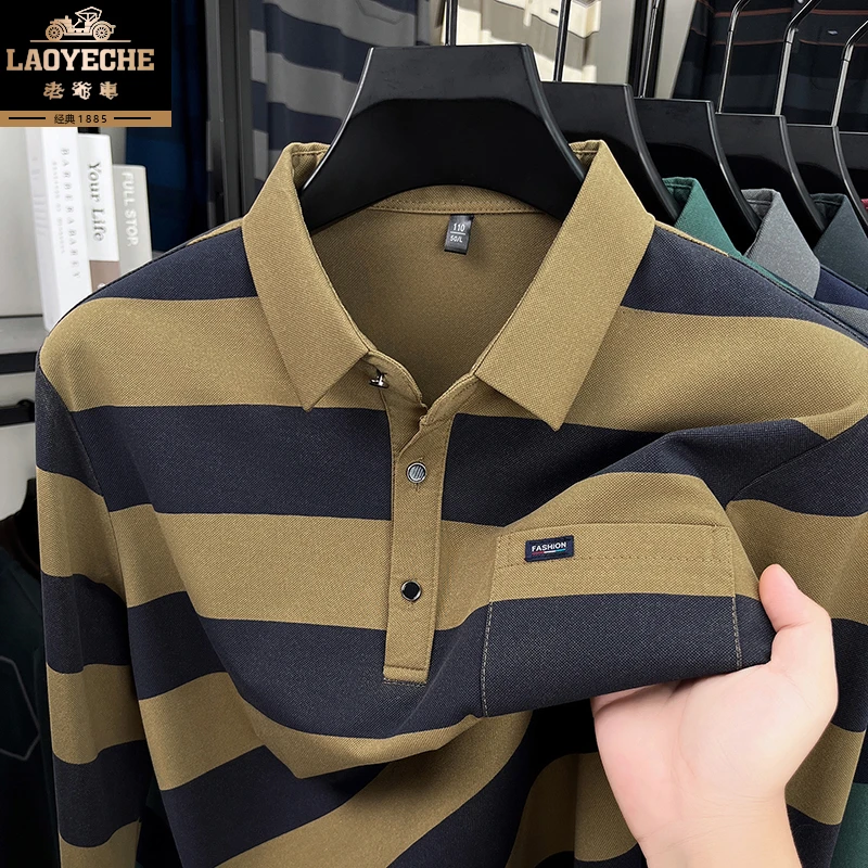 老爷车男长袖上衣秋季商务休闲条纹t恤中老年人Polo衫有兜FY1026