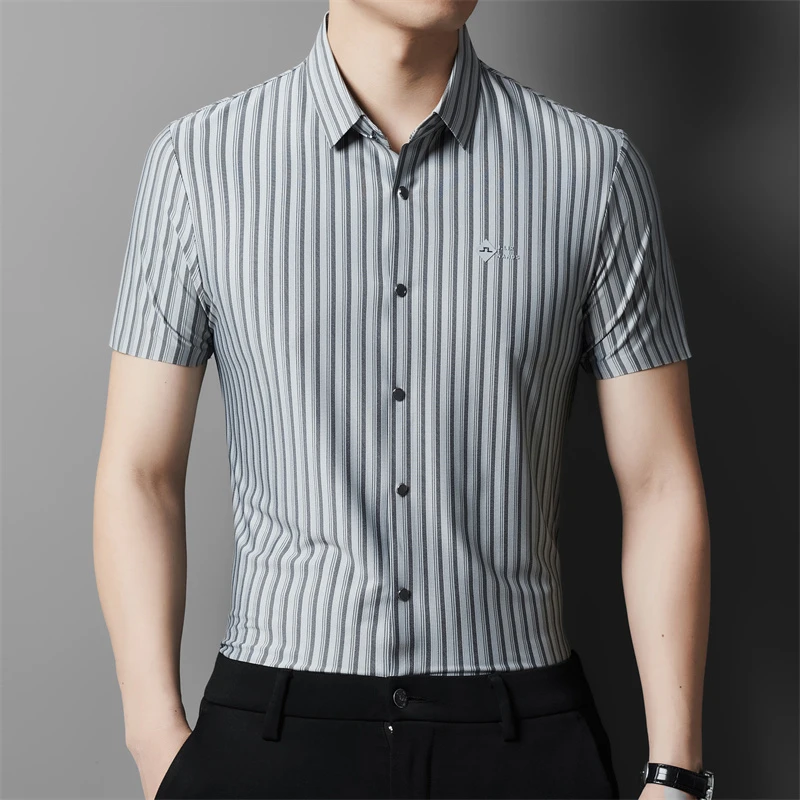 夏季男士短袖衬衫商务休闲时尚潮流修身条纹轻奢男衬衣