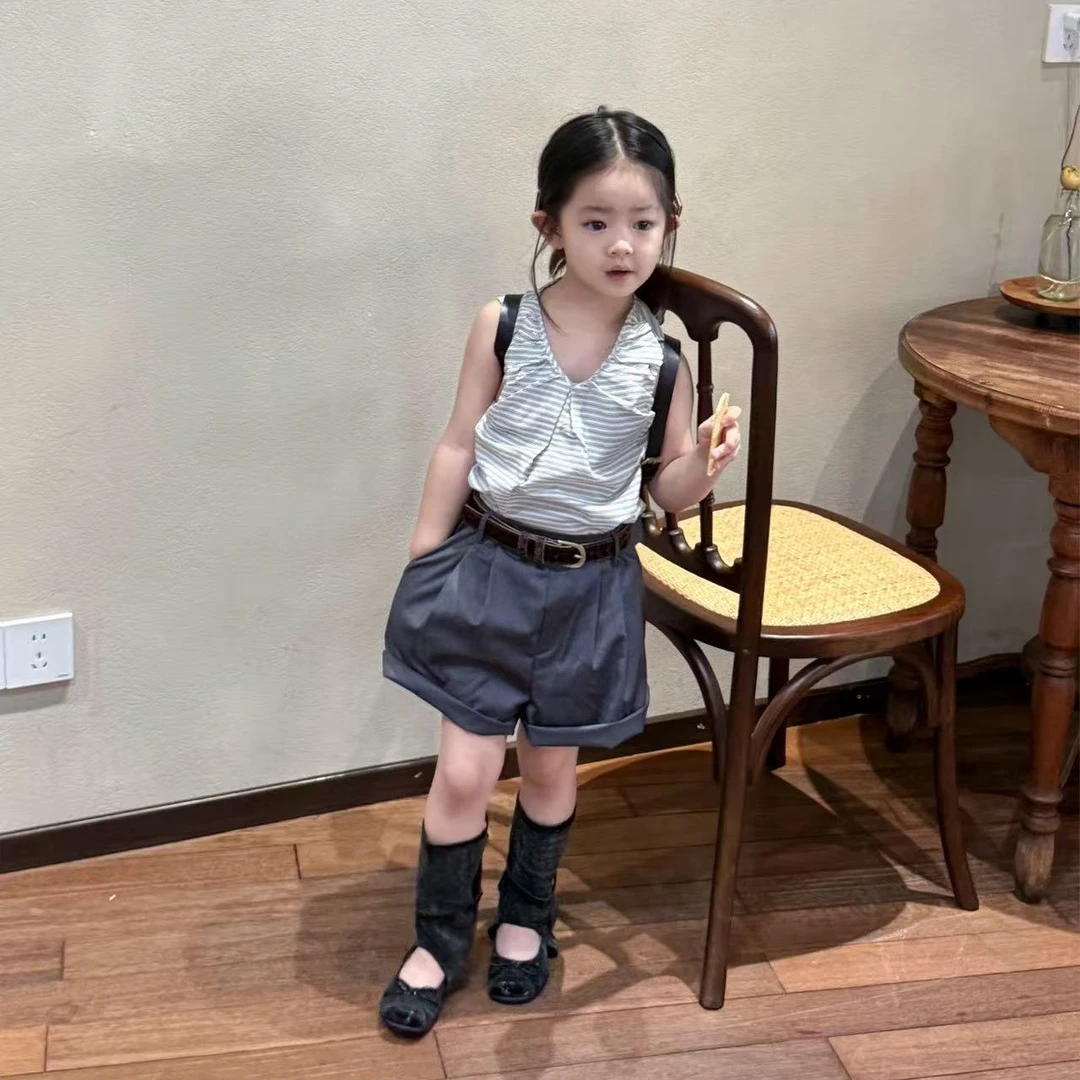 壹妈韩版童装女童夏季套装洋气休闲时髦无袖条纹背心上衣西装短裤