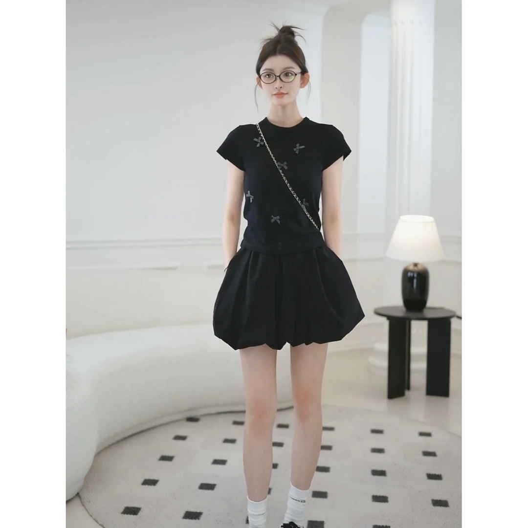 韩系少女蝴蝶结圆领短袖t恤女2025夏季新款修身显瘦休闲百搭上衣