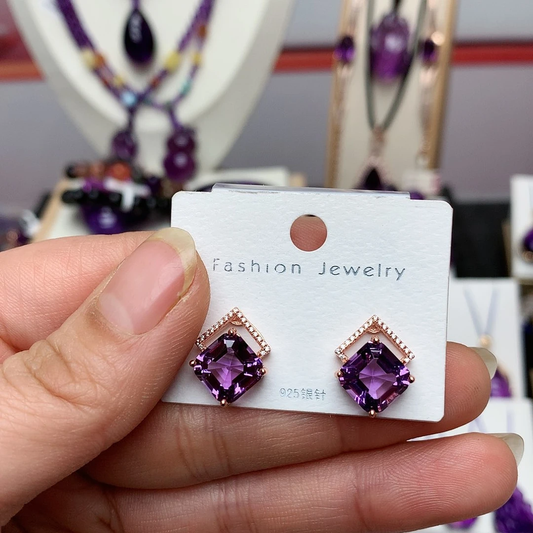 紫晶耳钉银S925镶嵌设计款