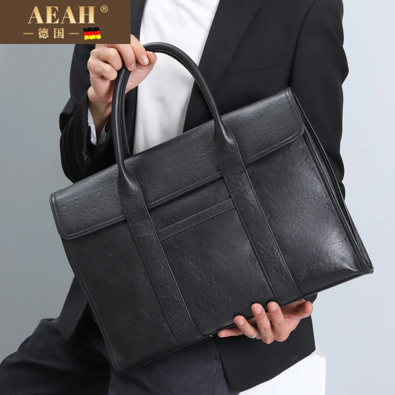 AEAH真皮手提包男高级感高端休闲时尚大容量商务电脑包牛皮男士公