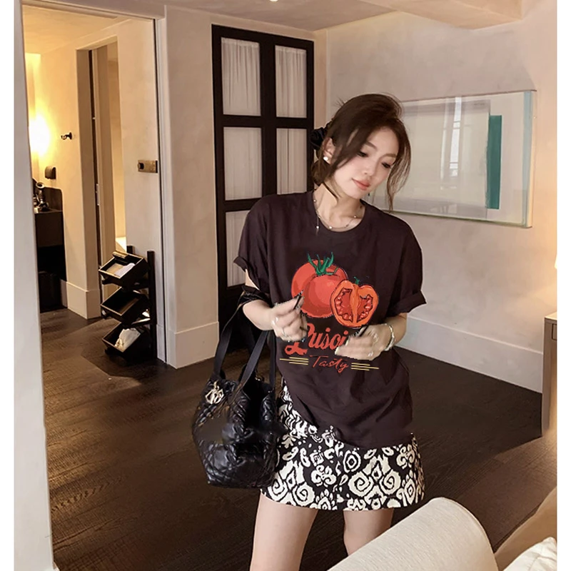 2025夏季新款时尚百搭显瘦短袖T恤趣味番茄圆领韩版上衣显瘦显瘦t