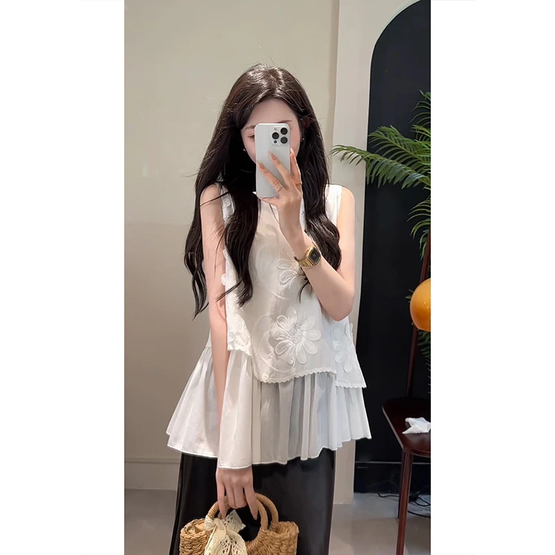 YUANLIANSU/圆脸酥【月下夕颜】甜美圆领刺绣立体花朵显瘦衬衫女