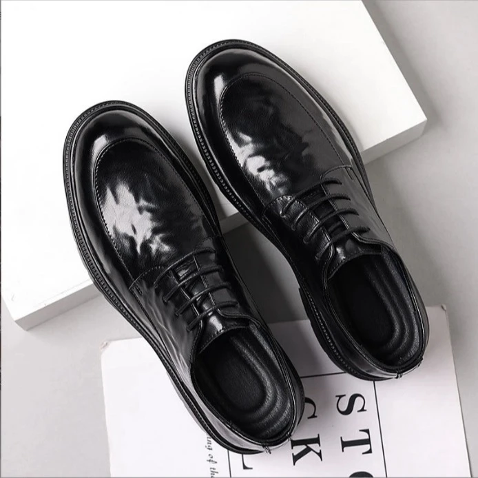 秋冬新款百搭透气正装黑色软底软面休闲皮鞋系带男士皮鞋结婚鞋子