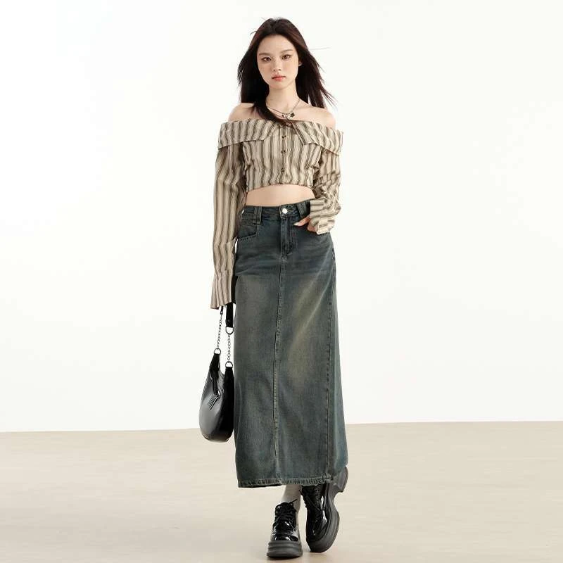 包邮美式复古高腰显瘦牛仔半身裙女字裙开叉半裙设计直筒裙子百搭