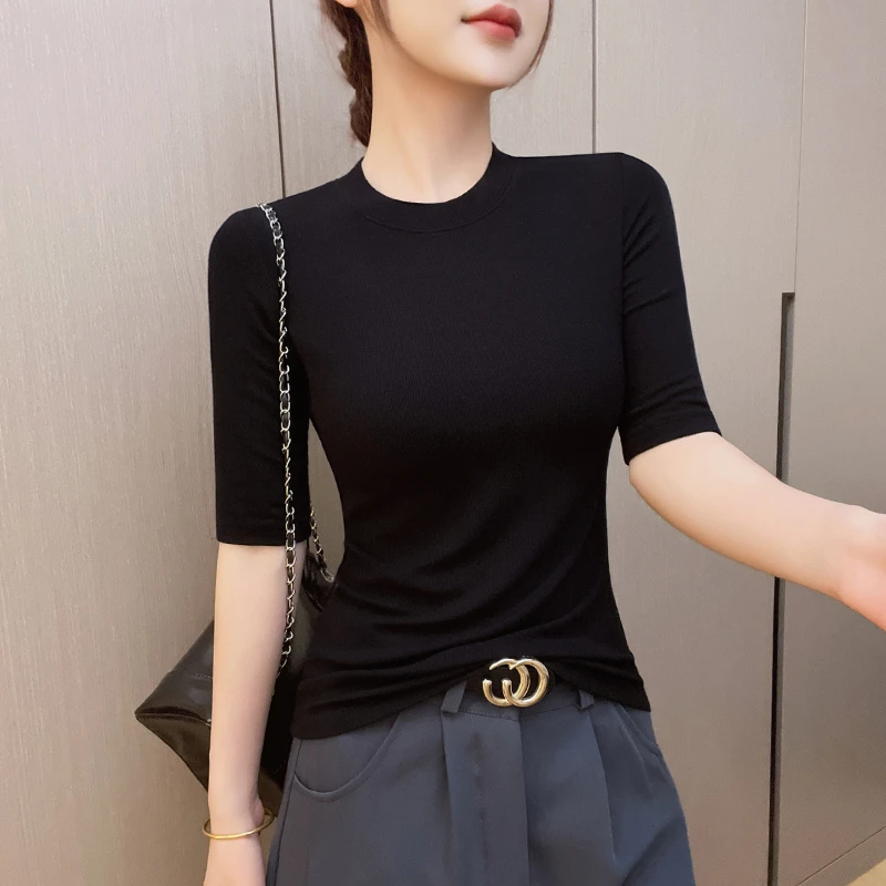 黑色螺纹正肩小圆领五分袖打底T恤2025秋季新款修身中袖女装上衣