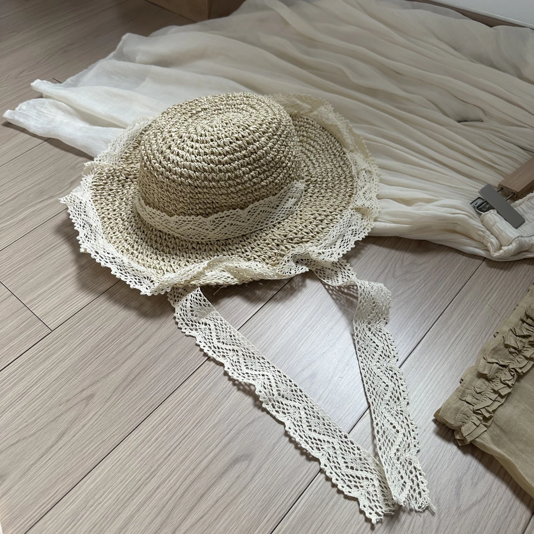 小柒家A0011-新款法式草帽透气蕾丝花边镂空系带海边遮阳帽