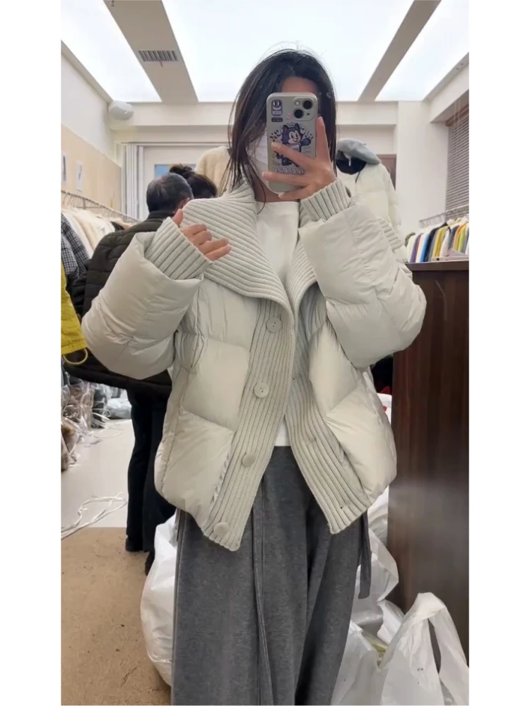 韩系立领针织拼接短款羽绒服女2025冬季新款百搭显瘦白鸭绒外套潮