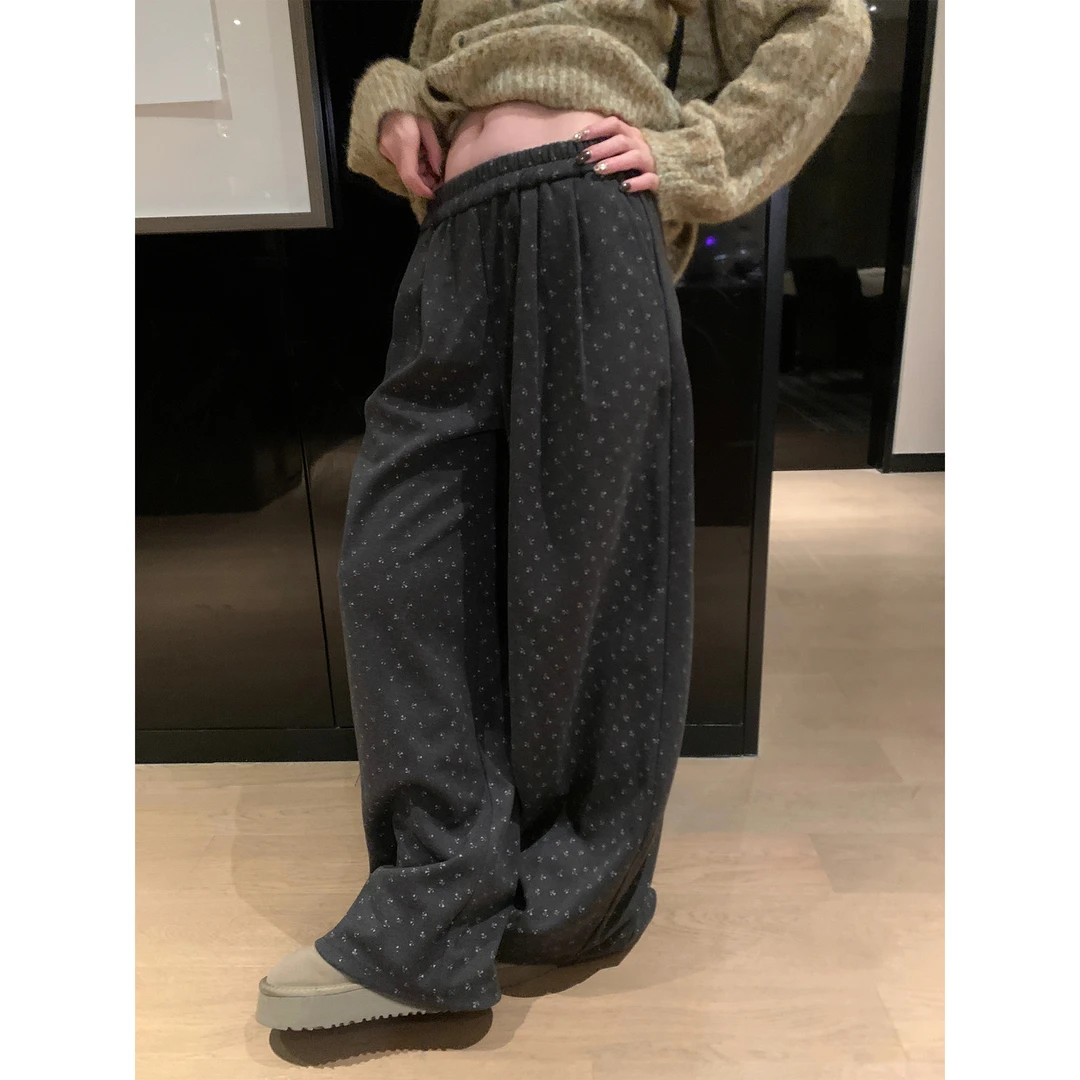 秋花野磨毛碎花休闲裤女2025秋季新款宽松高腰显瘦阔腿裤子