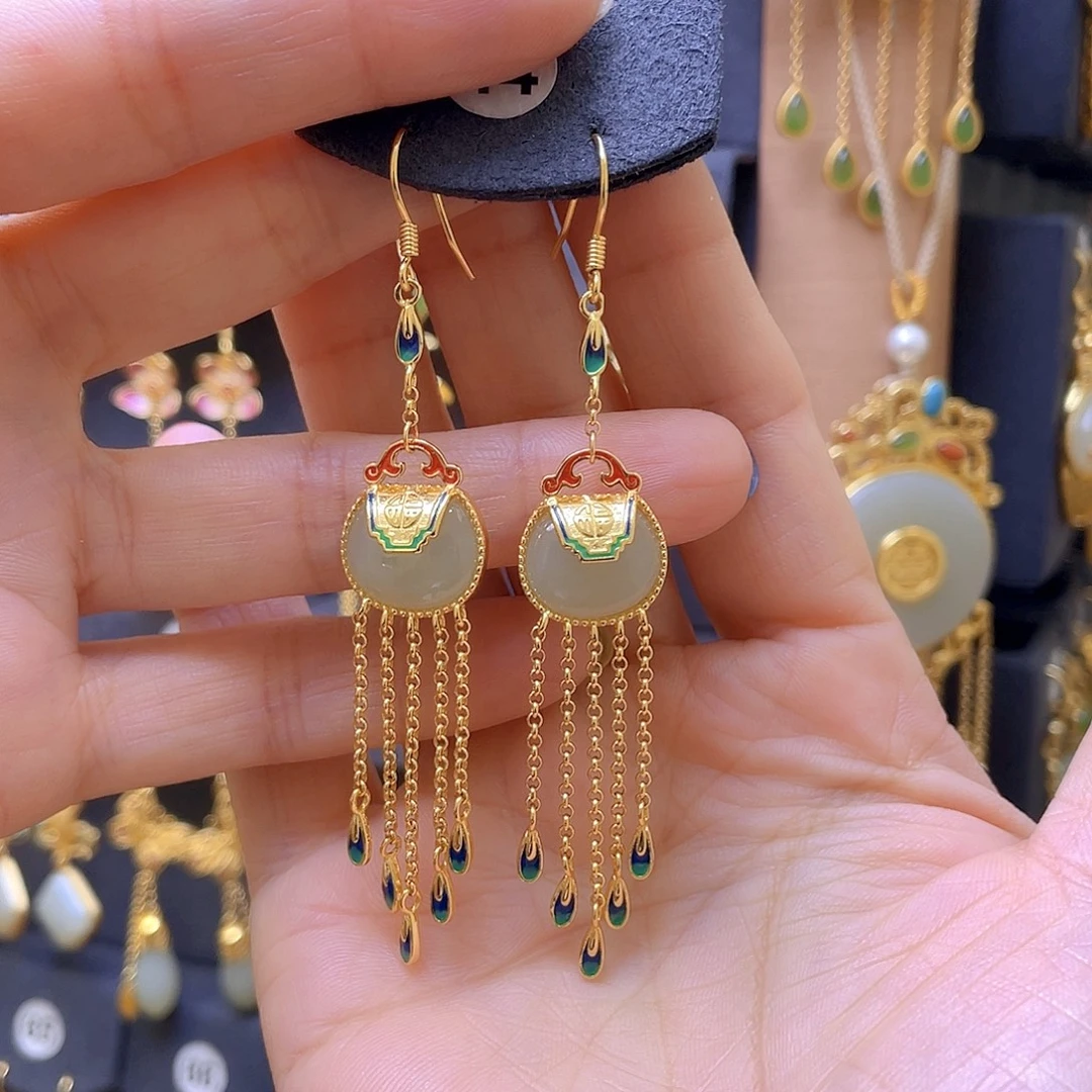 和田玉银S925镀金镶嵌耳饰