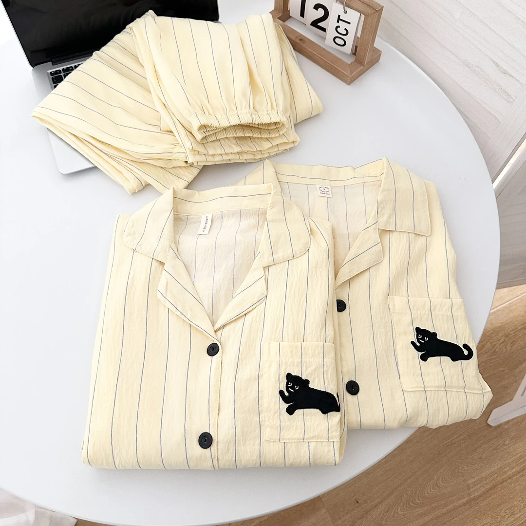 2025新款情侣睡衣女春秋季卡通奶黄条纹黑猫长袖长裤网红风家居服