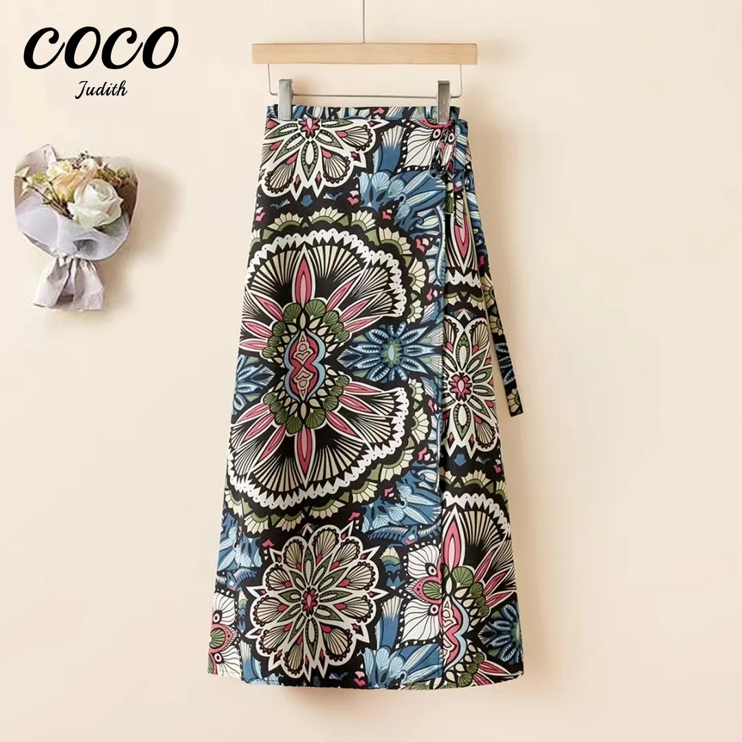 【RG6780】一片式系带裙子垂感印花半身裙2025年新款女薄款高腰遮肚