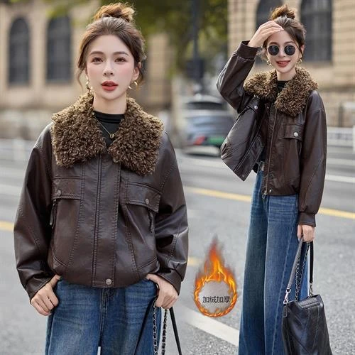 新款加绒冬季2025年时尚休闲皮衣黑色深棕色国内一二线品牌有吊牌