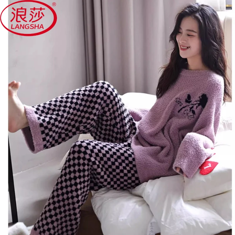 浪莎珊瑚绒睡衣女冬季高级感撞色格子加厚半边绒可外穿家居服套装