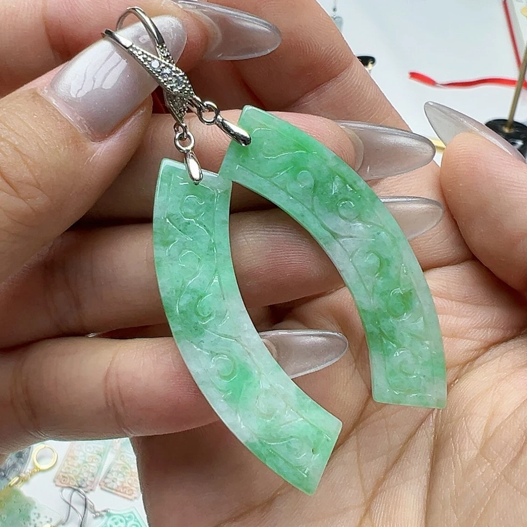 翡翠银S925镶嵌耳饰翠**嫂天然缅甸A货翡翠