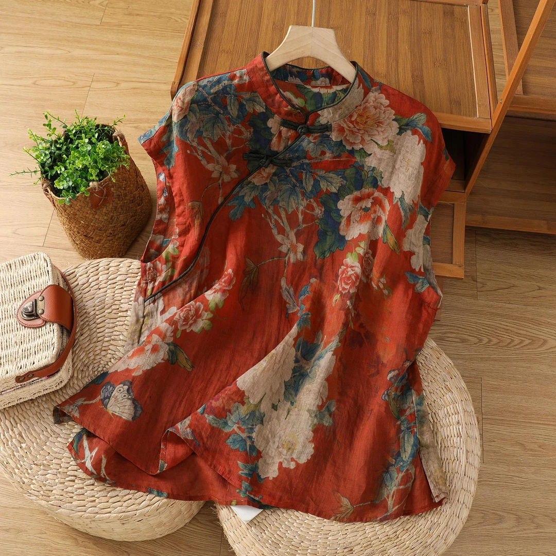 复古文艺风立领斜襟盘扣短袖上衣民族风炒色印花中式小衫女恤衫