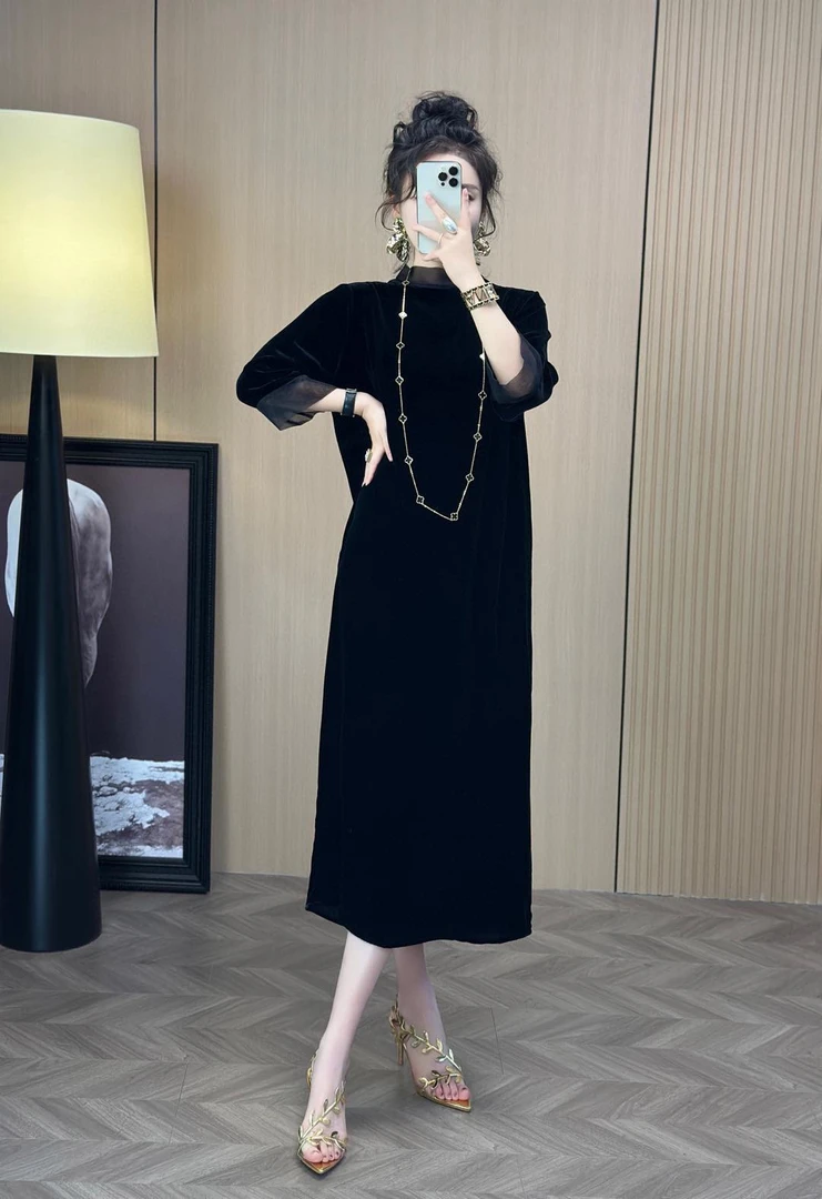 真丝欧根纱领气质领100%桑蚕丝真丝黑色丝绒连衣裙