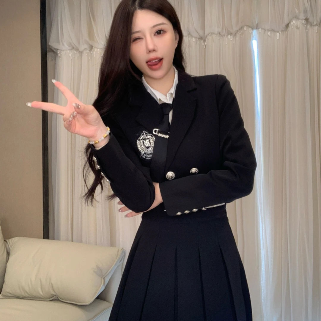 学院风套装女西装外套衬衫高腰百褶半身裙jk秋冬