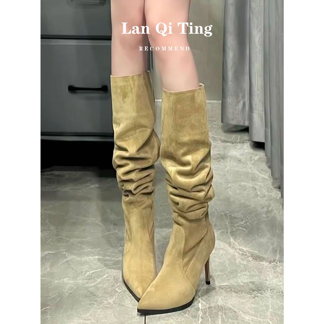 高跟长筒靴秋冬新款细跟高筒靴网红百搭宽松堆堆靴女不过膝骑士靴
