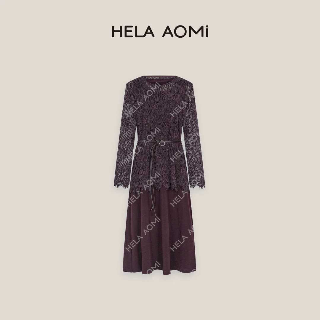 HELA AOMI“蕾丝女人”绵羊毛桑蚕丝莱赛尔蕾丝镂空拼接长袖连衣裙