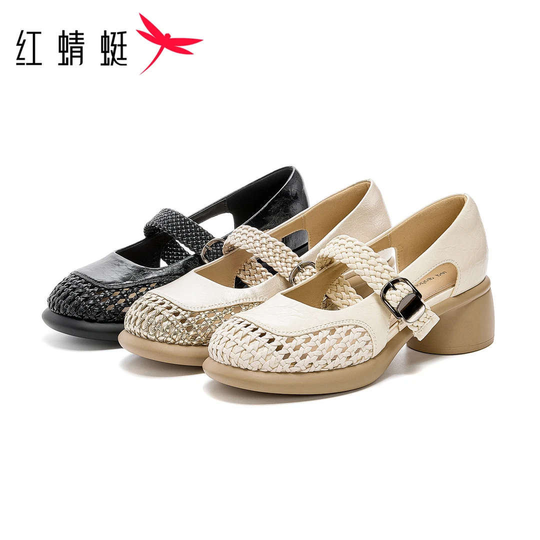 红蜻蜓女士夏季高跟百搭复古罗马风编织镂空透气圆头粗跟时装凉鞋