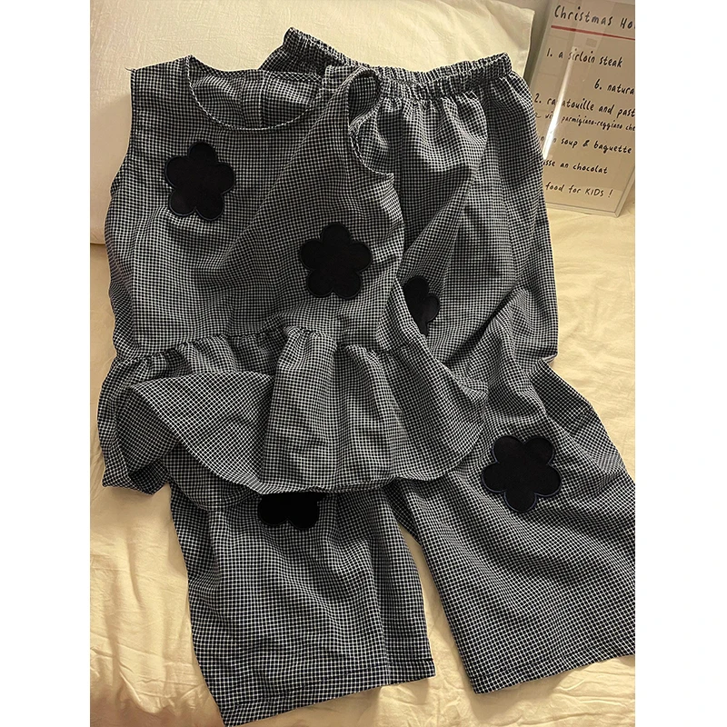 【格纹花朵】日系甜美休闲睡衣女夏季新款背心长裤家居服套装可外穿