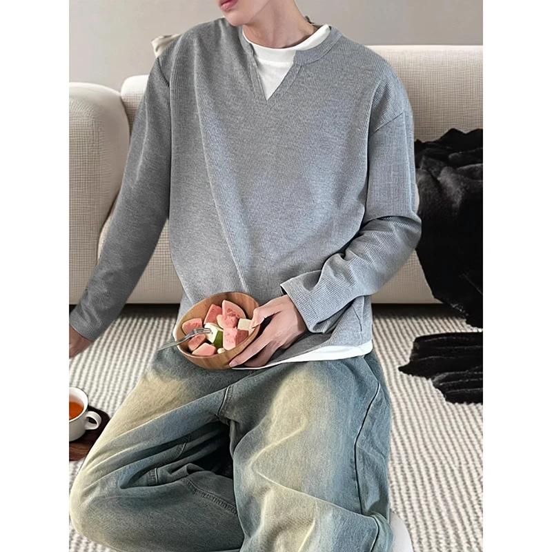 灰色假两件V领长袖t恤男款夏季cleanfit慵懒风卫衣内搭打底衫上衣