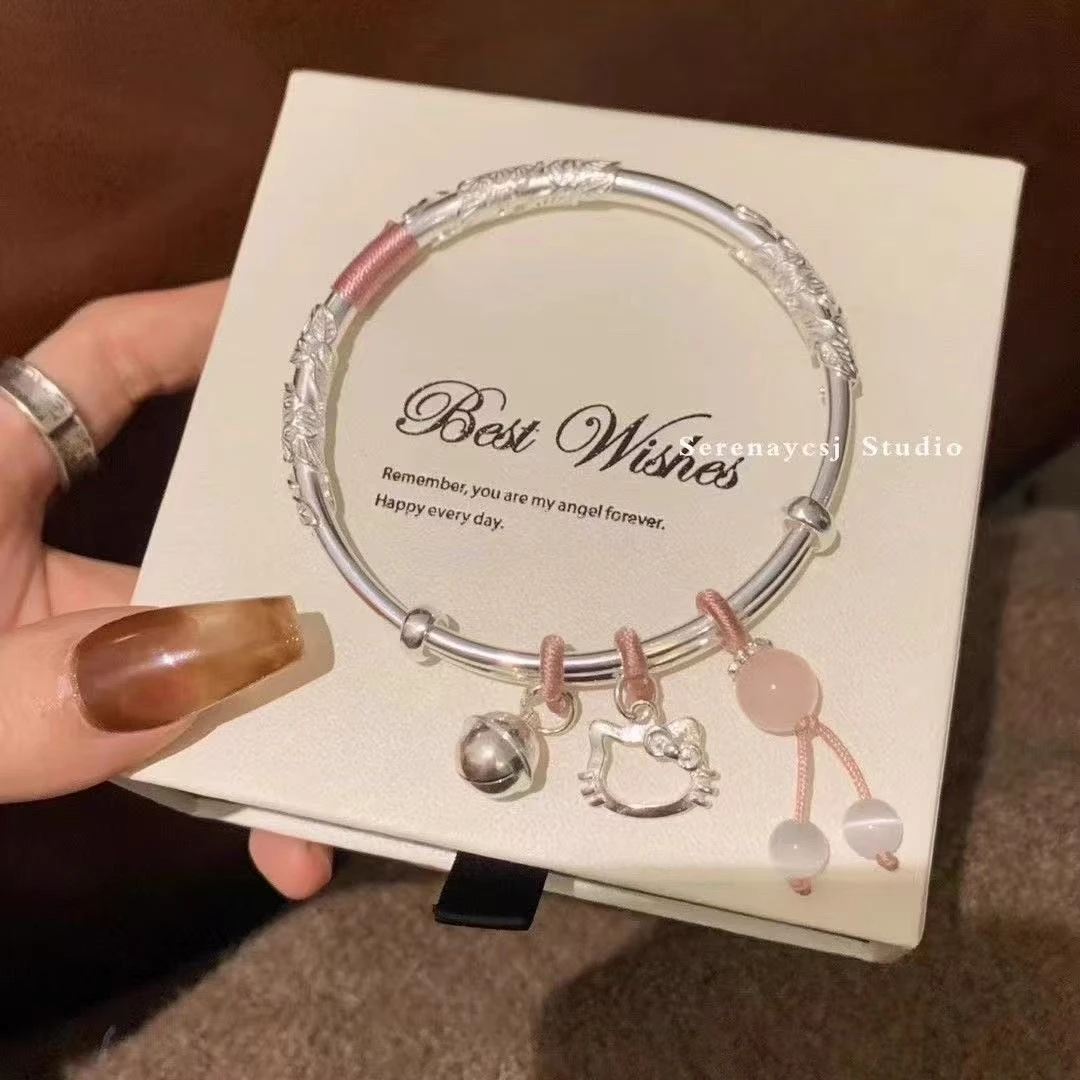 足银手镯  纯银999繁花似锦Hello Kitty猫编绳手镯女款生日礼物