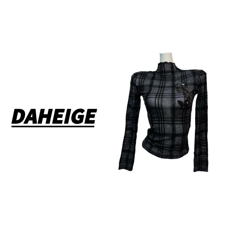 【D.hge】1061#秋季新款韩版时尚百搭长袖格子印花半高领T恤上衣