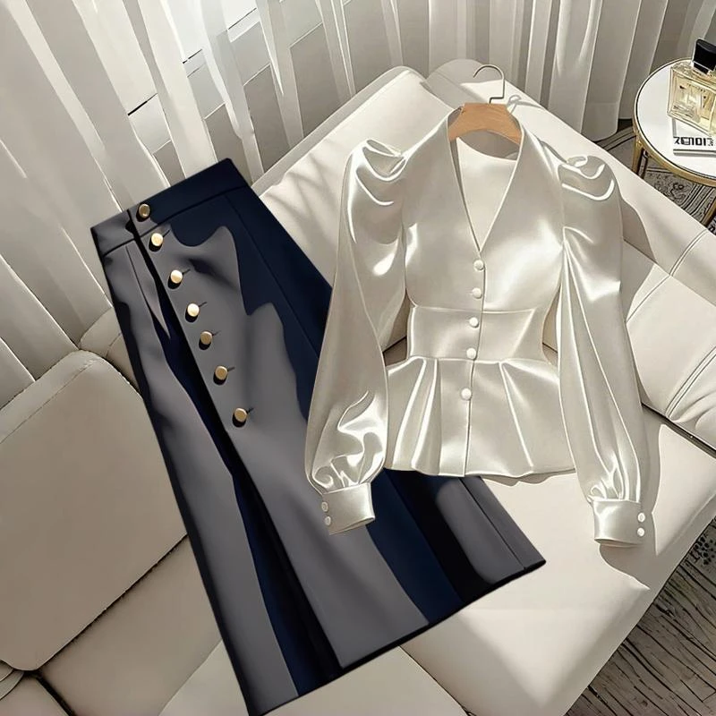 欧若风2025洋气衣服女气场强大欧货爆款显瘦衬衫时尚半身裙子套装