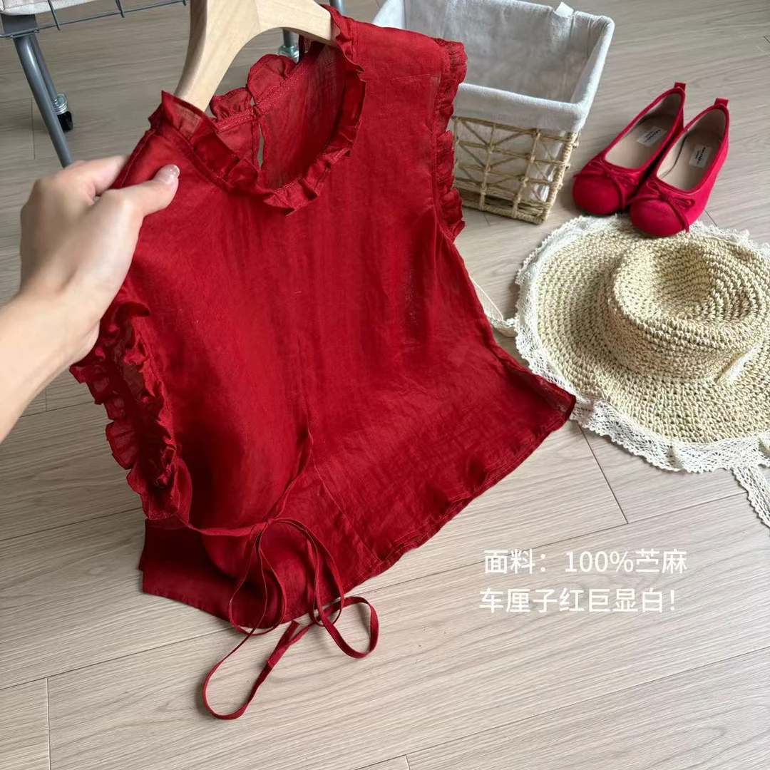 小柒家A00219-新款夏季韩系甜美车厘子红木耳边圆领系带苎麻小衫