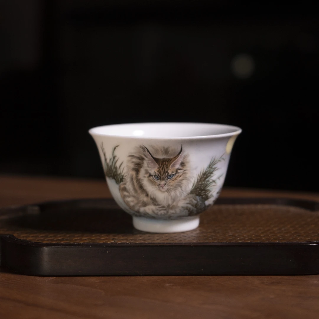 祥宝阁粉彩《等待》动物猫系列陶瓷敞口杯纯手绘品茗主人杯茶具茶杯