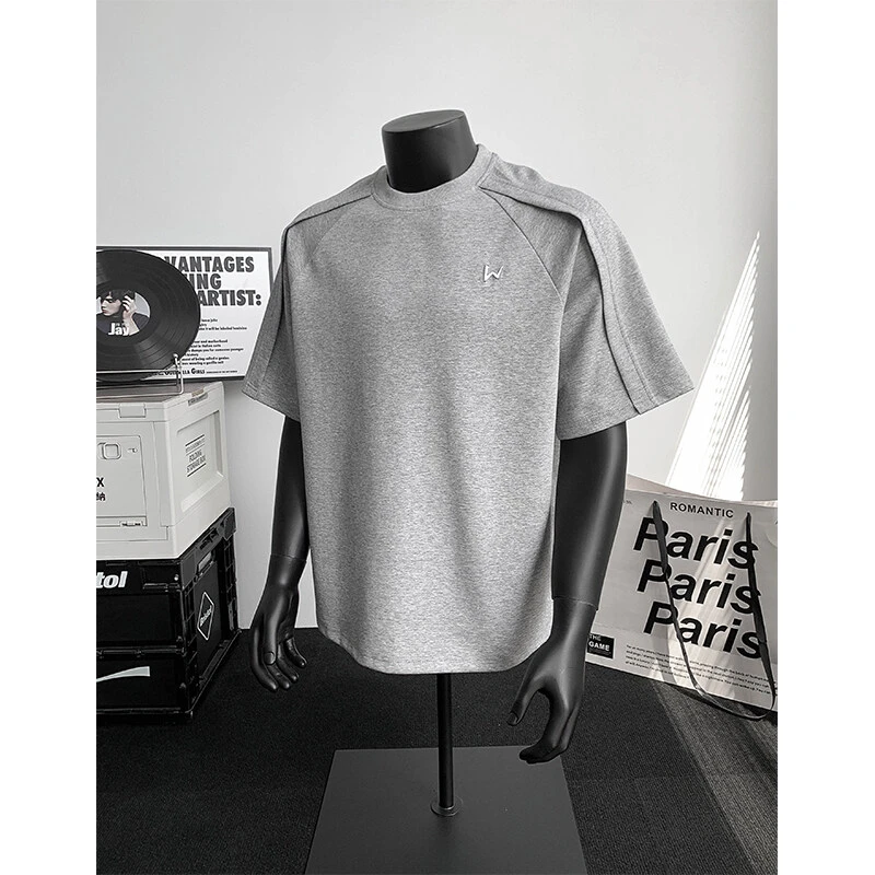 美式重磅拼接刺绣短袖男款夏季拼接设计凉感正肩t恤cleanfit半袖