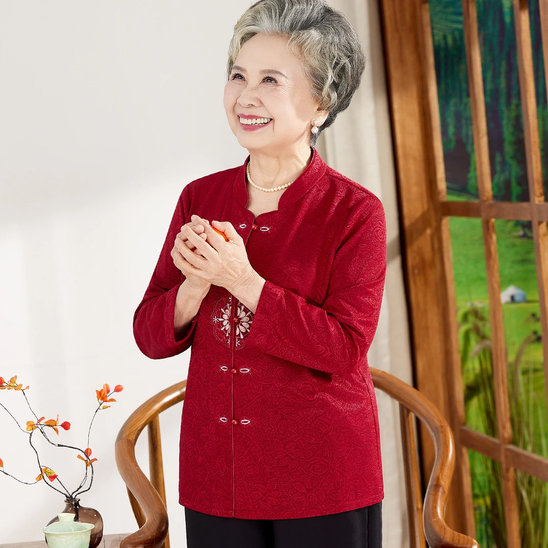 婚礼奶奶秋装衬衫唐装上衣老年人妈妈红色喜庆衬衣婆婆结婚穿衣服