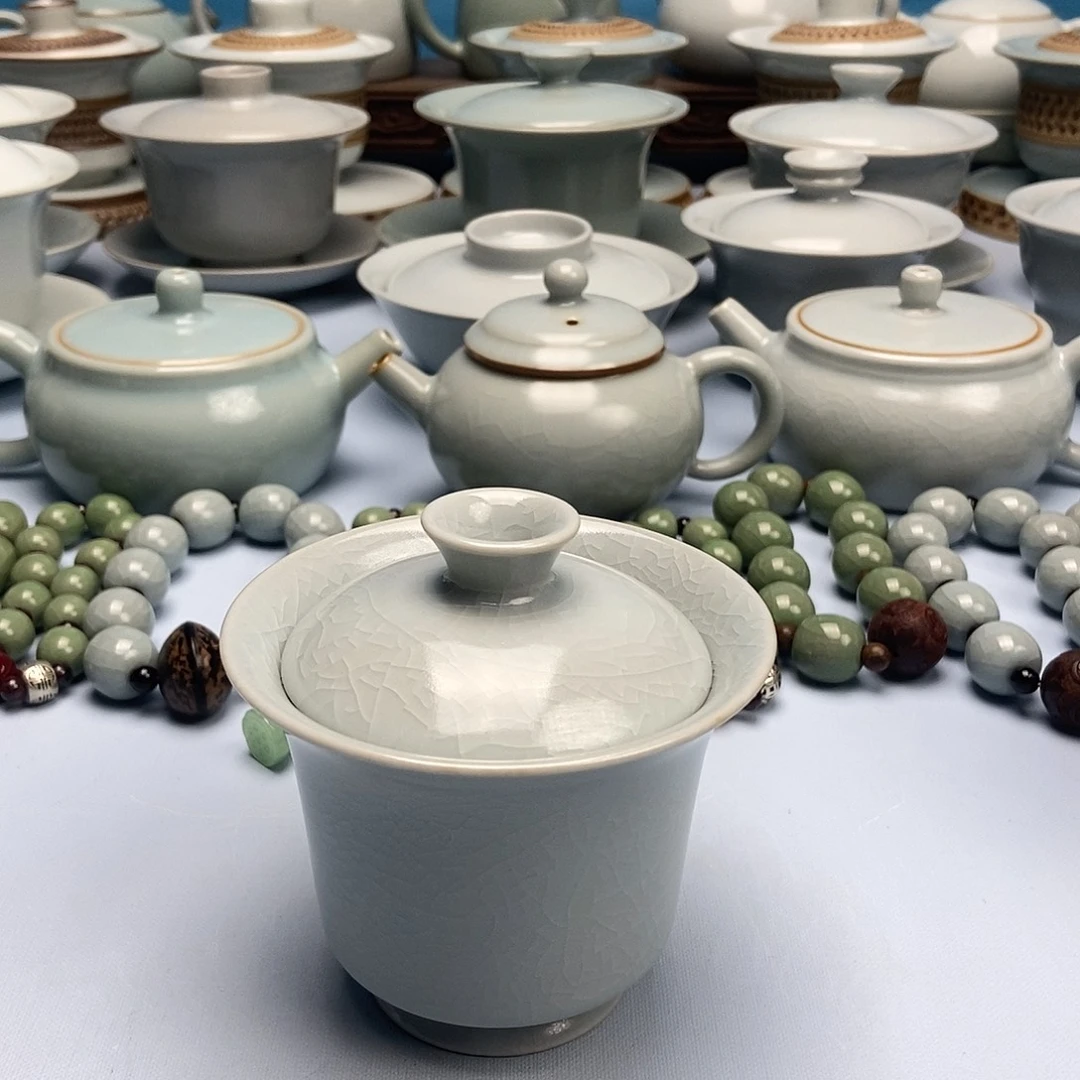 杯仿古月白春风马蹄盖碗原矿原釉原产地