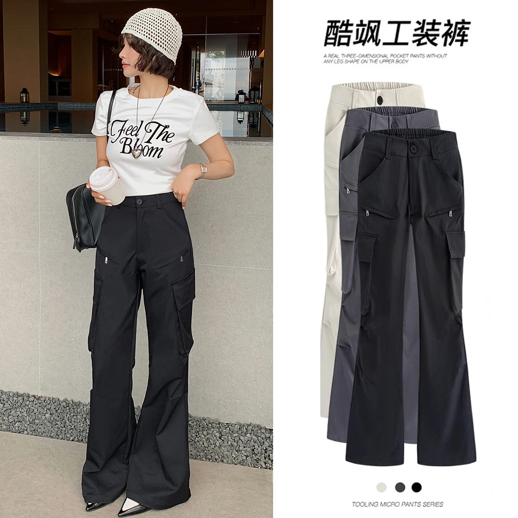 黑色微喇叭工装裤女春秋新款美式复古宽松阔腿显瘦直筒休闲长裤子