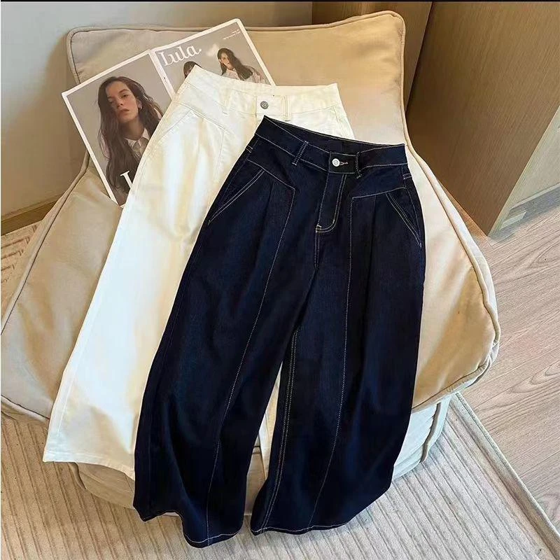 丹宁蓝夏季新款九分阔腿牛仔裤女高腰宽松八分小个子直筒裤显瘦潮