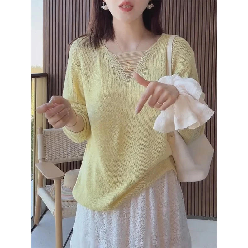 2025春季装新款黄色v领镂空针织衫薄款长袖罩衫慵懒宽松上衣